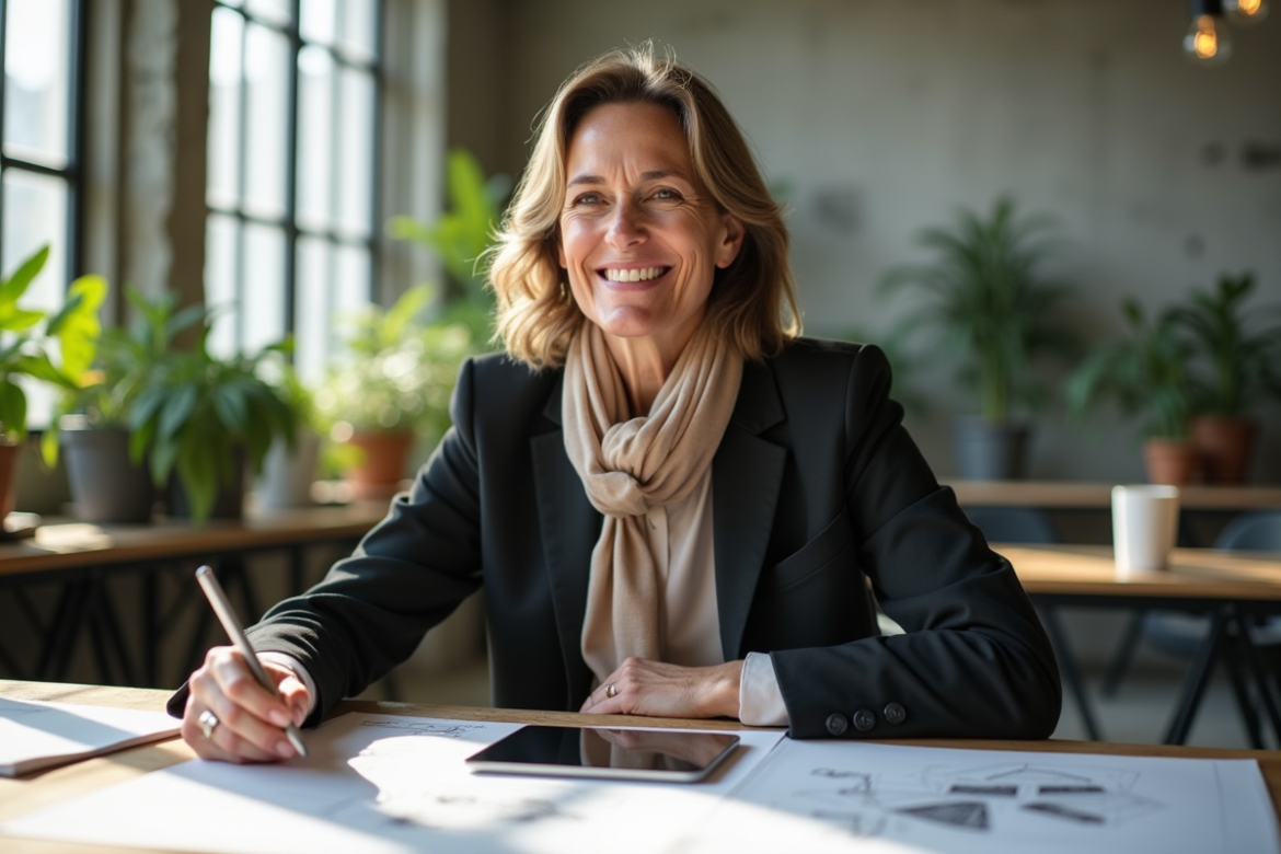Femme confiante en blazer dans un bureau moderne