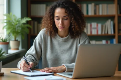 Femme consultant une FAQ en ligne sur son ordinateur portable pour résoudre un problème avec Convergence Grenoble