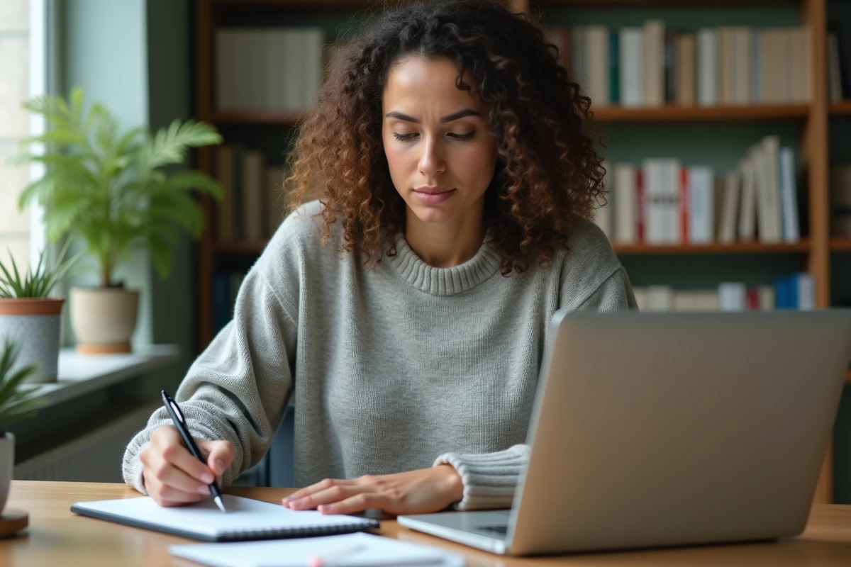 Femme consultant une FAQ en ligne sur son ordinateur portable pour résoudre un problème avec Convergence Grenoble