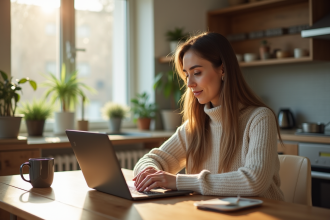 Femme détendue avec ordinateur dans une cuisine lumineuse