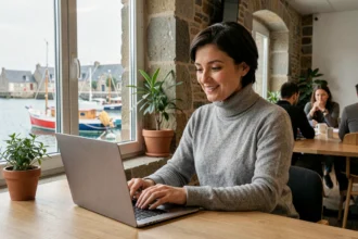 Femme travaillant en coworking à Concarneau avec vue sur le port breton
