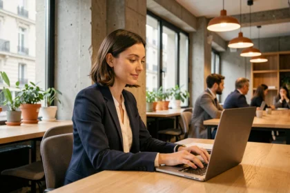 Femme professionnelle travaillant dans un espace de coworking moderne à Paris 15e avec vue sur la rue haussmannienne