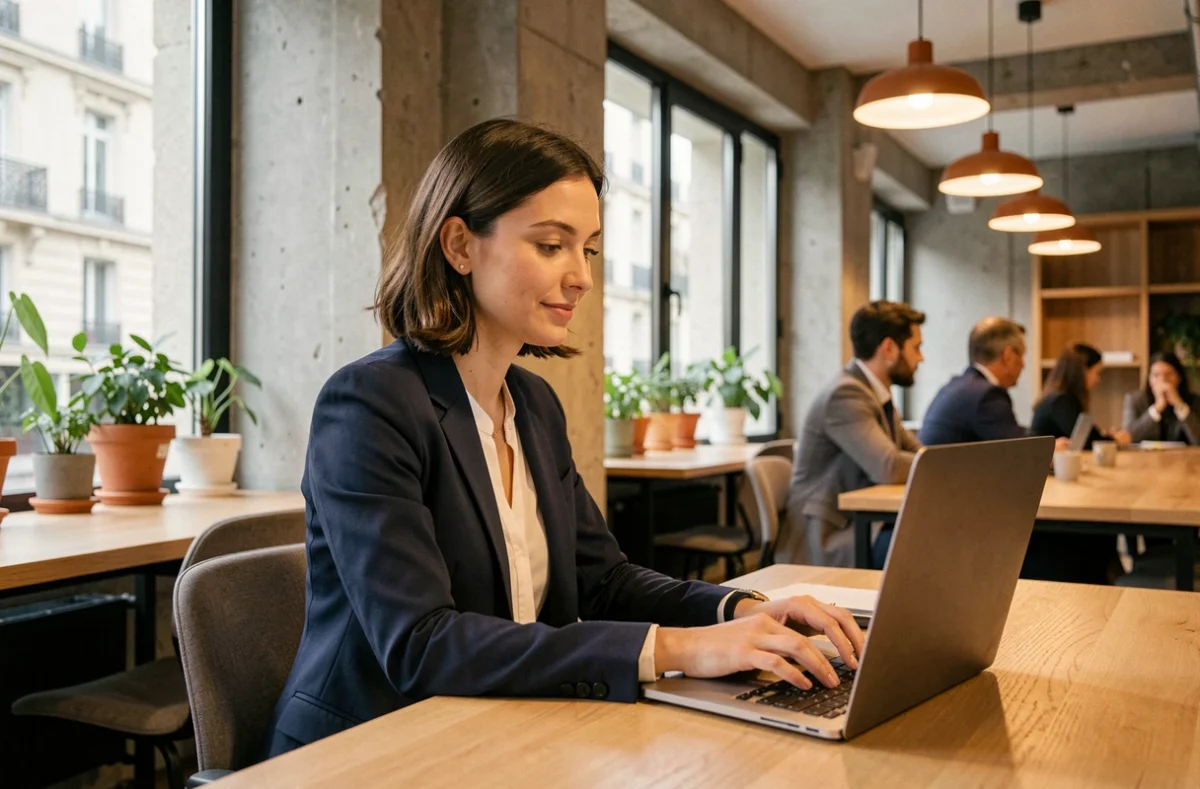 Femme professionnelle travaillant dans un espace de coworking moderne à Paris 15e avec vue sur la rue haussmannienne