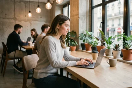 Femme travaillant sur un ordinateur portable dans un espace de coworking moderne à Paris près de la gare de Lyon
