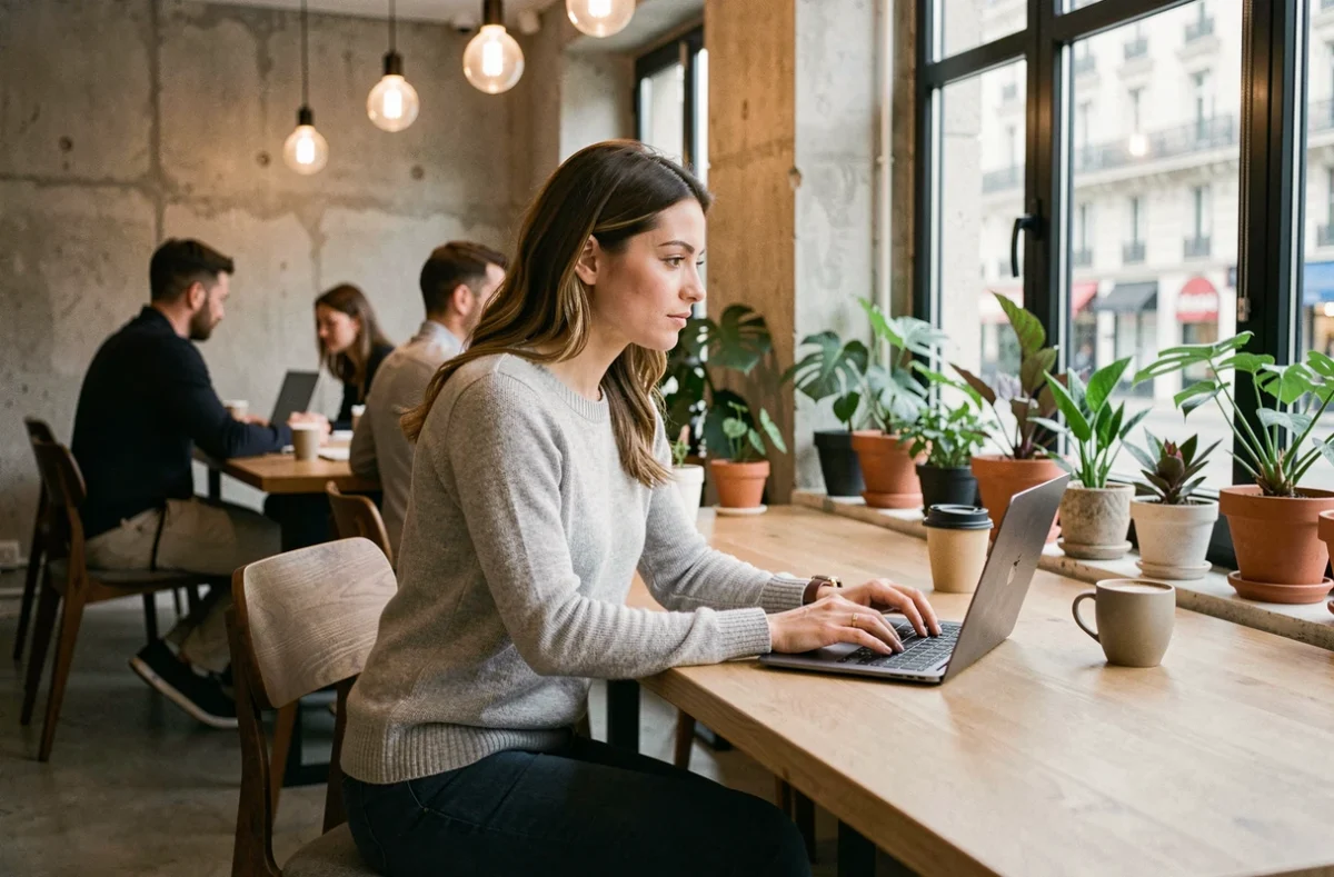 Femme travaillant sur un ordinateur portable dans un espace de coworking moderne à Paris près de la gare de Lyon