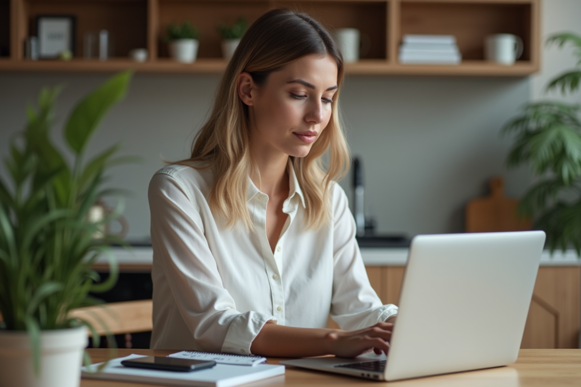 Femme assise à une table de cuisine moderne avec ordinateur et smartphone