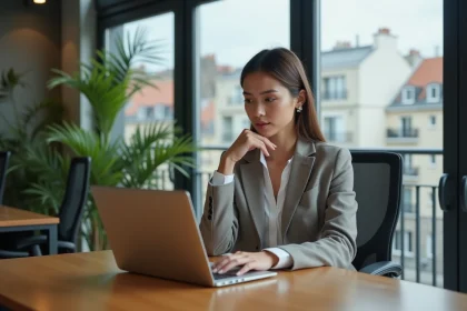 Jeune femme analysant des données marketing dans un bureau parisien
