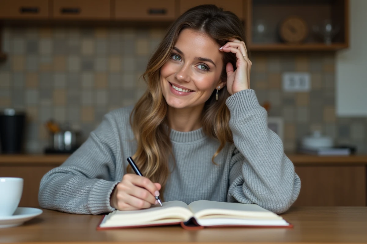 Femme écrivant ses heures dans un journal à la maison