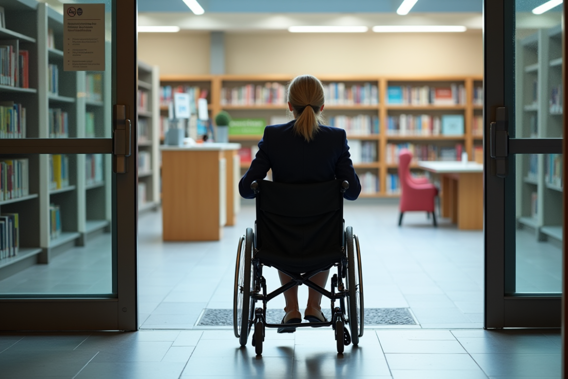 Femme en fauteuil entrant dans une bibliothèque moderne