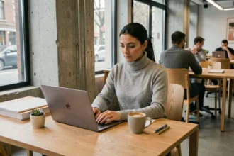 Femme entrepreneur travaillant sur son ordinateur portable dans un espace de coworking moderne à Annemasse