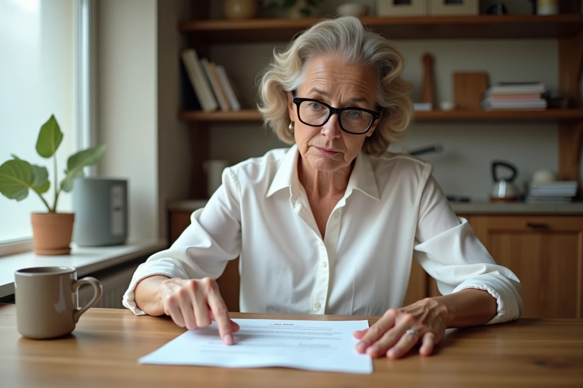 Femme senior examinant de près une signature officielle pour identifier une erreur sur un document administratif