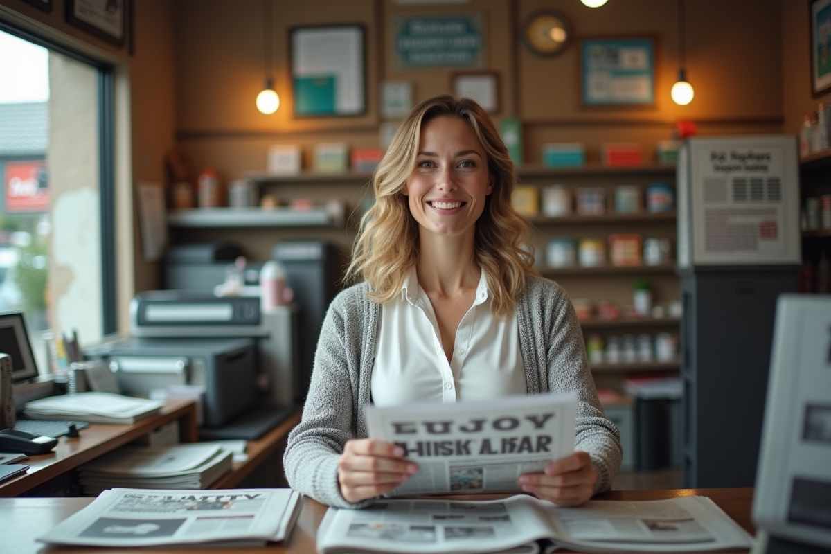 Jeune femme dans une imprimerie tenant un mockup de journal