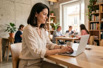 Femme indépendante travaillant sur son ordinateur portable dans un espace de coworking moderne à Cagnes-sur-Mer