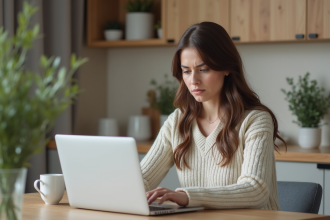Jeune femme regardant son ordinateur dans la cuisine