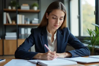 Femme professionnelle en bureau avec documents juridiques
