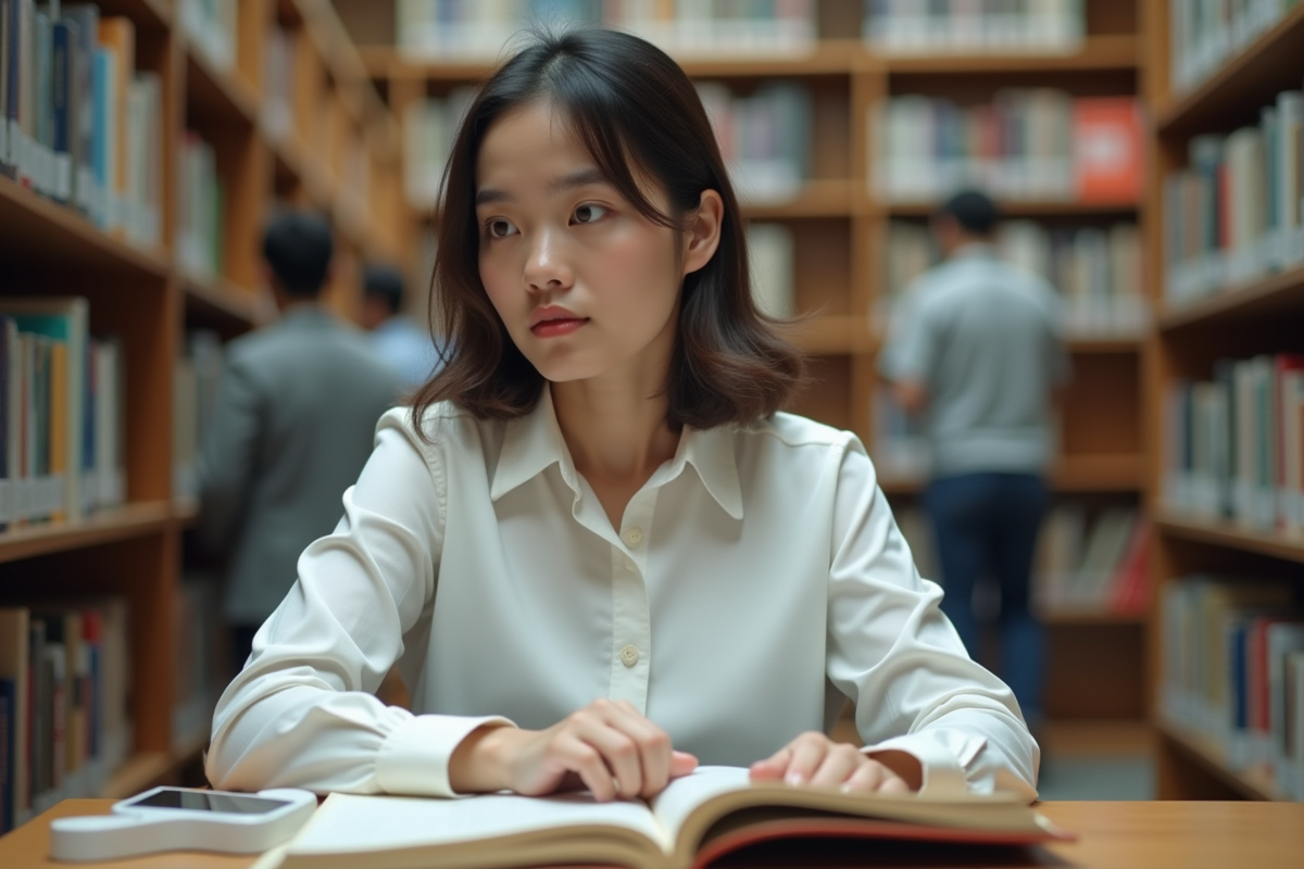 Jeune femme lisant un livre dans une bibliothèque