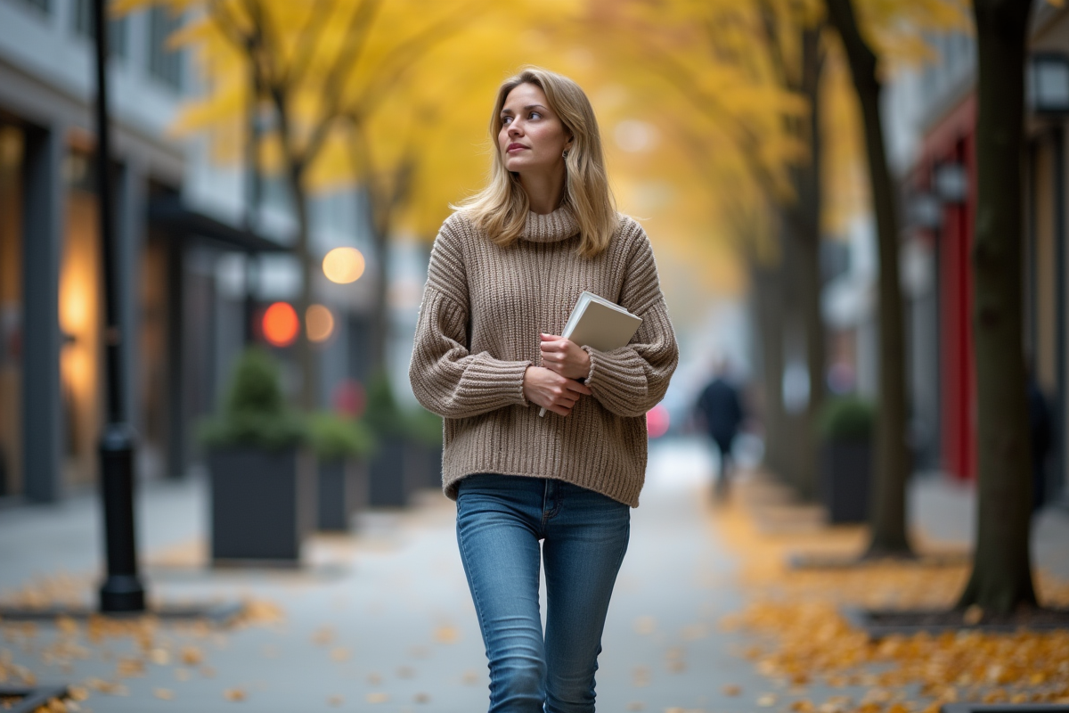 Femme créative marche dans une rue automnale