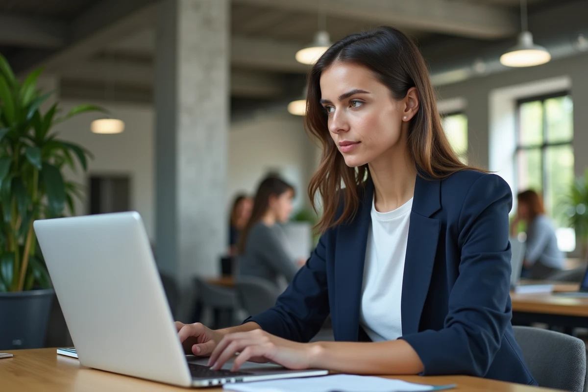 Femme marketeure utilisant une interface d'intelligence artificielle comme Mistral Le Chat sur son ordinateur portable dans un bureau moderne
