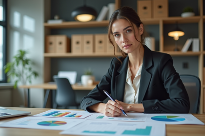 Femme d affaires en réunion avec graphiques marketing