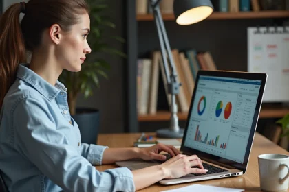 Jeune femme concentrée travaillant sur son ordinateur dans un bureau moderne
