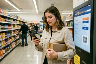 Femme scannant un QR code au point relais Mondial Relay dans un supermarché français