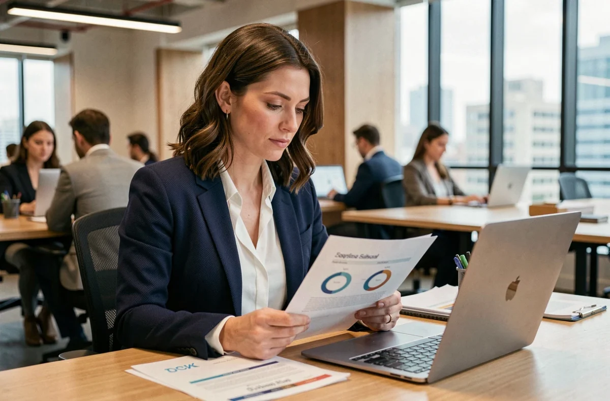 Femme en portage salarial comparant des offres de mutuelle santé sur son ordinateur portable dans un espace de coworking moderne