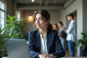 Femme professionnelle utilisant des emojis et emoticons sur LinkedIn depuis son ordinateur portable au bureau