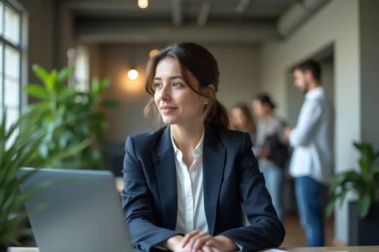 Femme professionnelle utilisant des emojis et emoticons sur LinkedIn depuis son ordinateur portable au bureau