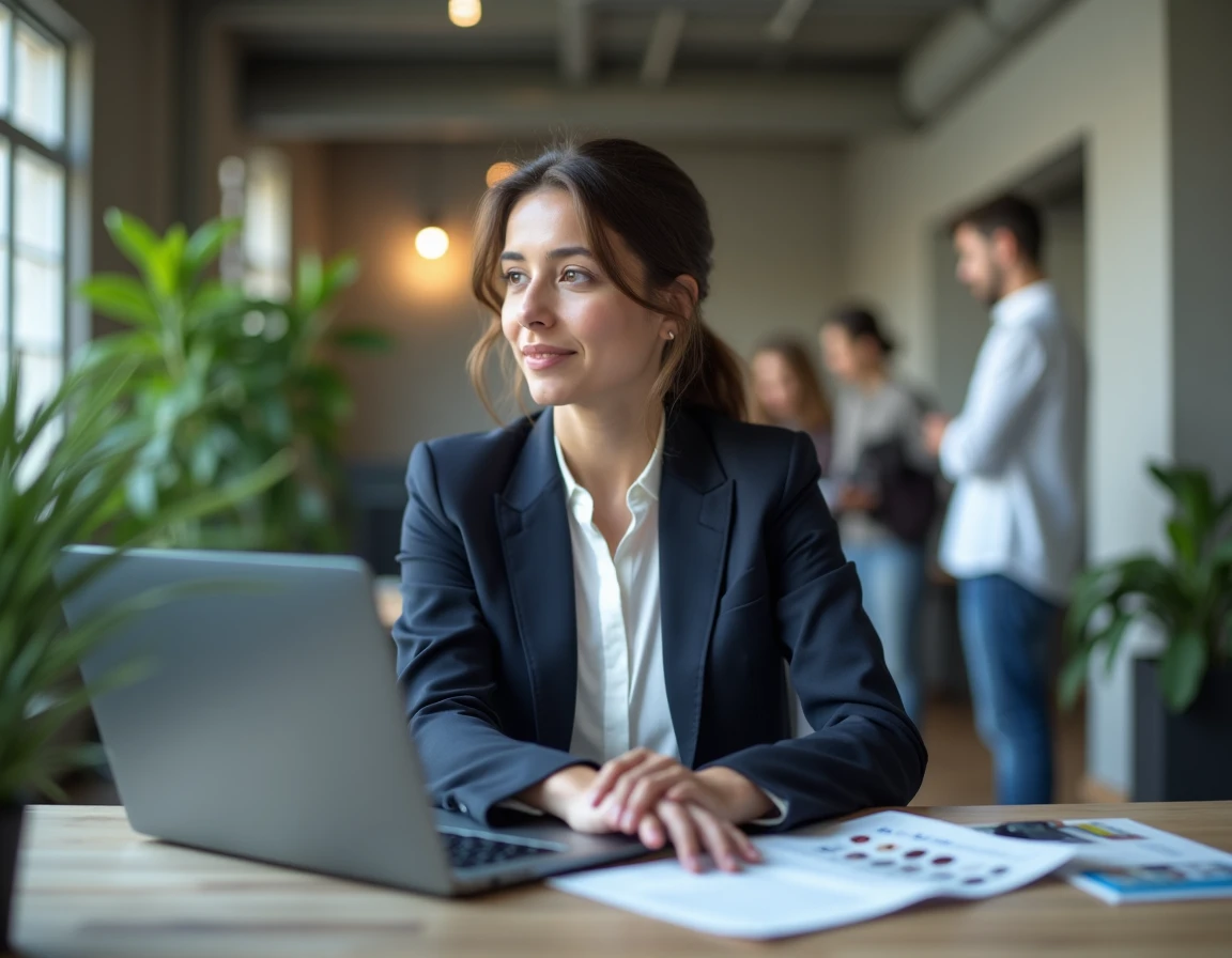 Femme professionnelle utilisant des emojis et emoticons sur LinkedIn depuis son ordinateur portable au bureau