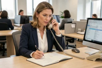 Femme professionnelle au téléphone avec l'Urssaf dans un bureau administratif moderne