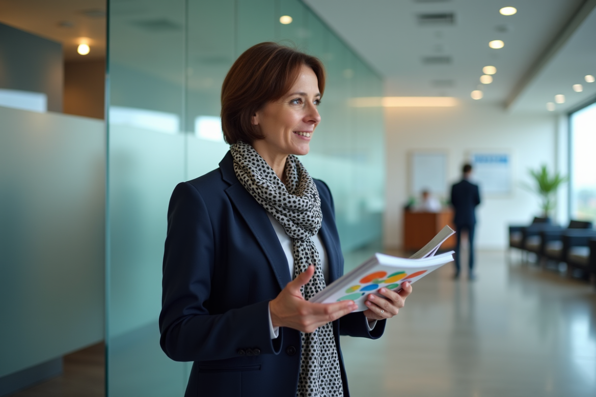 Femme d'âge moyen en blazer dans un bureau moderne