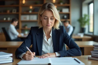 Femme d'affaires relisant attentivement un contrat avec annotations stylo rouge, erreurs de signature détectées