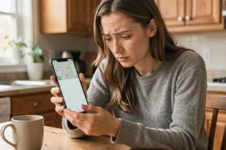 Femme frustrée tenant un smartphone affichant une application de carte bloquée, assise dans une cuisine moderne