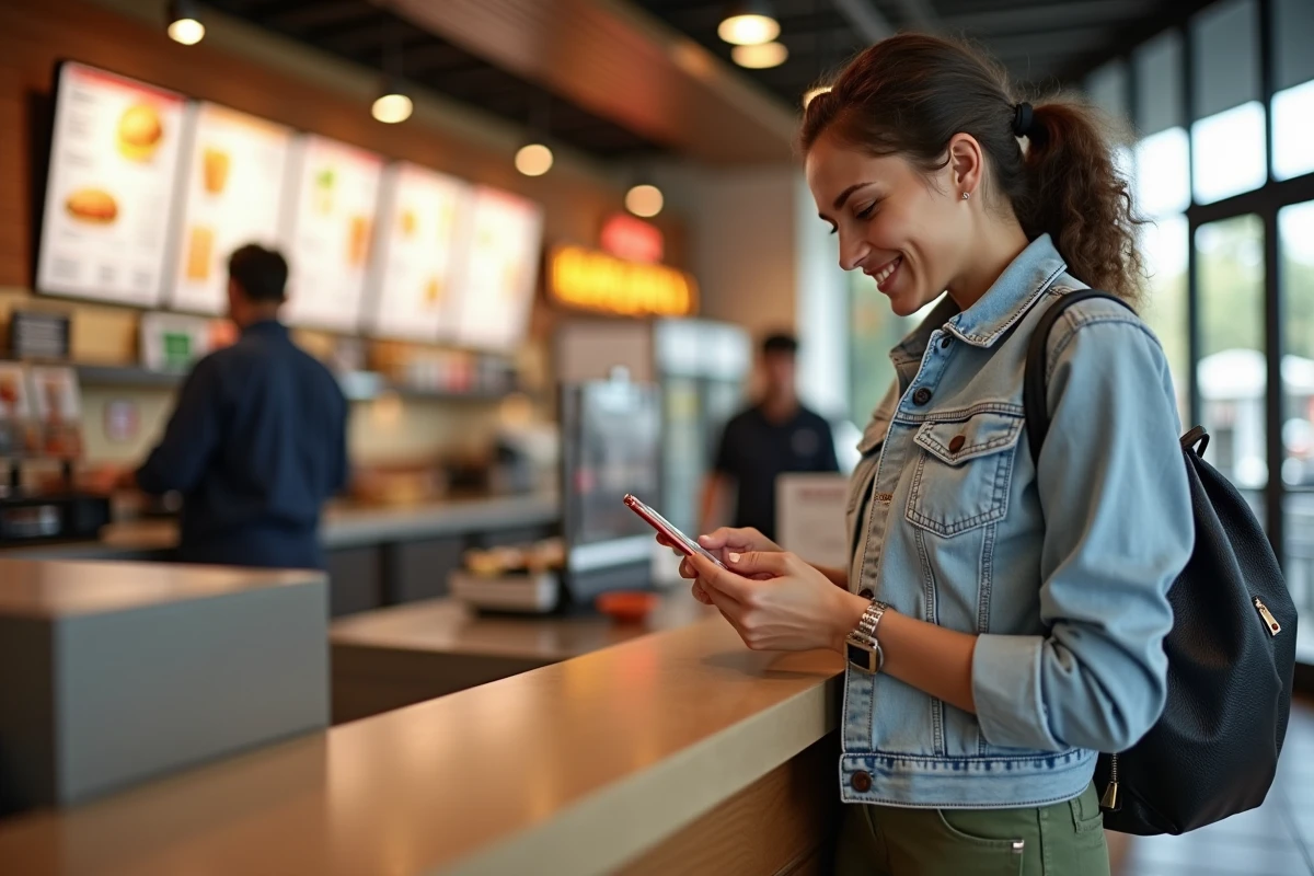 Femme remplissant un sondage de satisfaction client BKvousecoute.fr sur smartphone au comptoir du Burger King