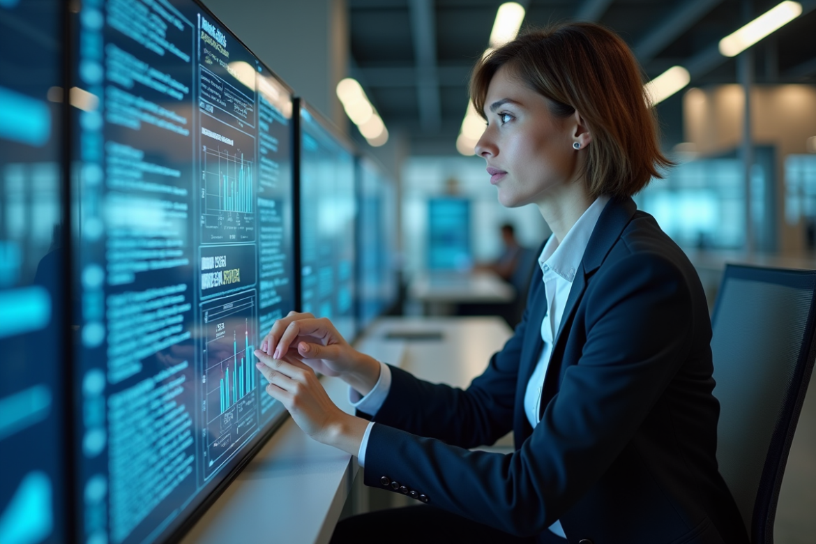 Femme d'affaires analysant des données sur un écran tactile