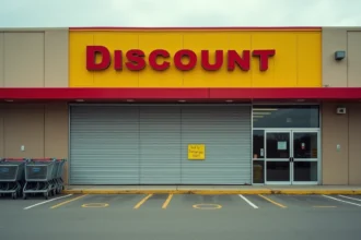 Façade d'un magasin discount fermé avec volets métalliques baissés et parking quasi-désert, illustrant la fermeture d'enseignes GiFi