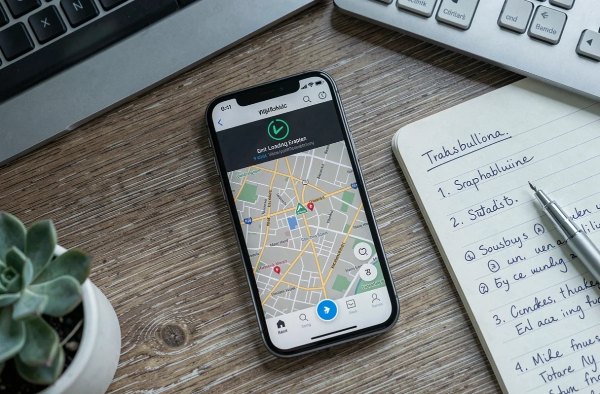 Vue de dessus d'un smartphone posé sur un bureau affichant une erreur de chargement de carte mobile avec des notes de dépannage