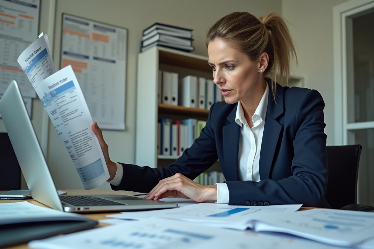 Fonctionnaire féminine examinant des documents budgétaires relatifs aux salaires dans un bureau administratif