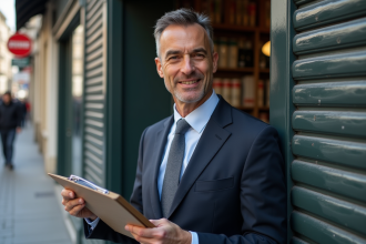 Homme fonctionnaire en costume parlant dehors d'un magasin