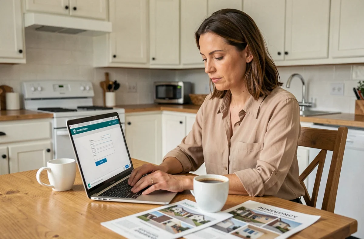 Femme remplissant un formulaire de contact en ligne pour obtenir un devis de travaux à domicile