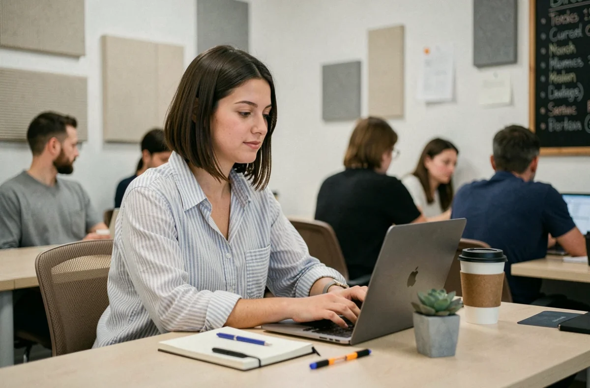Freelance travaillant dans un espace de coworking à Meudon avec tarifs affichés en arrière-plan