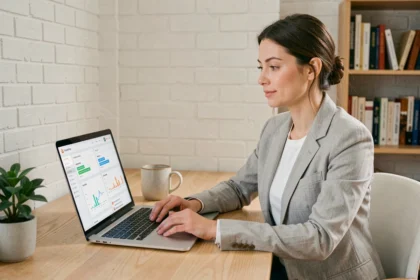 Freelance femme travaillant sur un outil de gestion de projet en ligne depuis son bureau à domicile
