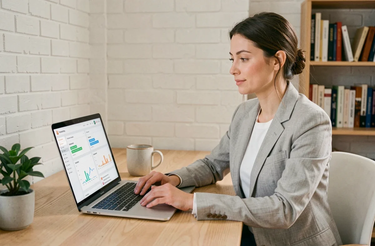Freelance femme travaillant sur un outil de gestion de projet en ligne depuis son bureau à domicile