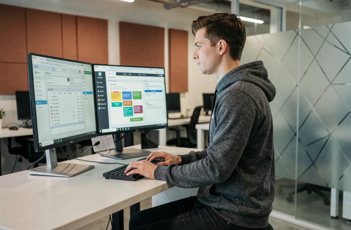 Jeune freelance masculin gérant plusieurs projets clients sur un double écran dans un espace de coworking