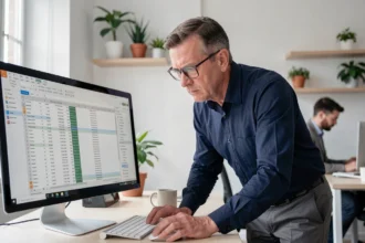 Gérant d'entreprise analysant les erreurs sur un logiciel de gestion Elgeaweb V3 dans un bureau moderne