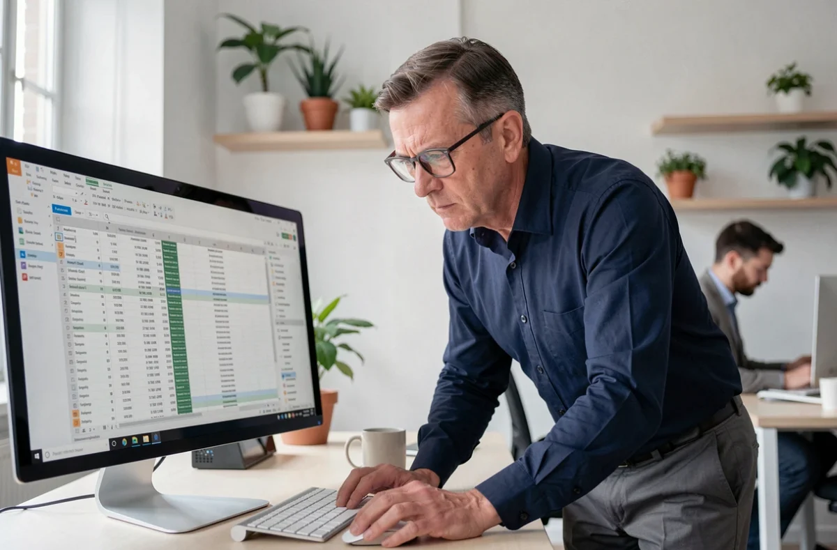 Gérant d'entreprise analysant les erreurs sur un logiciel de gestion Elgeaweb V3 dans un bureau moderne