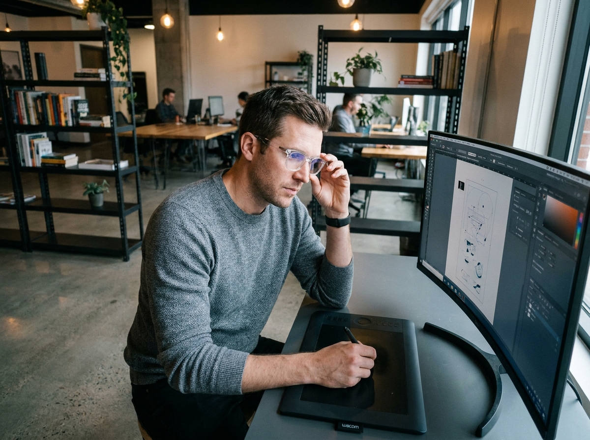 Graphiste indépendant portant des lunettes anti-lumière bleue travaillant sur écran en espace de coworking