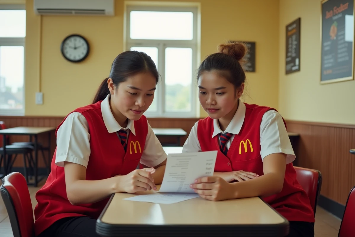 Deux étudiants McDonald's examinant une fiche de paie ensemble en pause