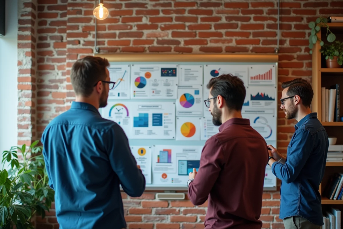Groupe de professionnels discutant autour d’un mur d’idées créatives