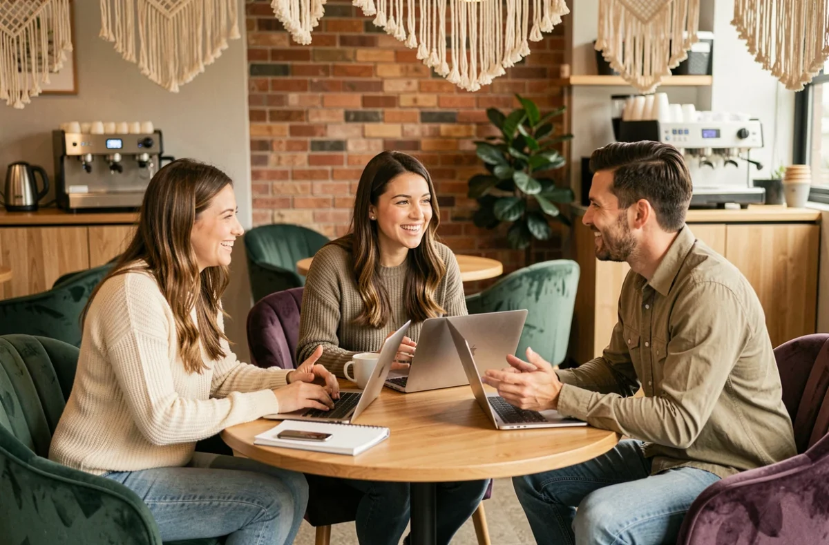 Groupe de professionnels en réunion informelle dans la zone lounge d'un espace coworking à Paris 15